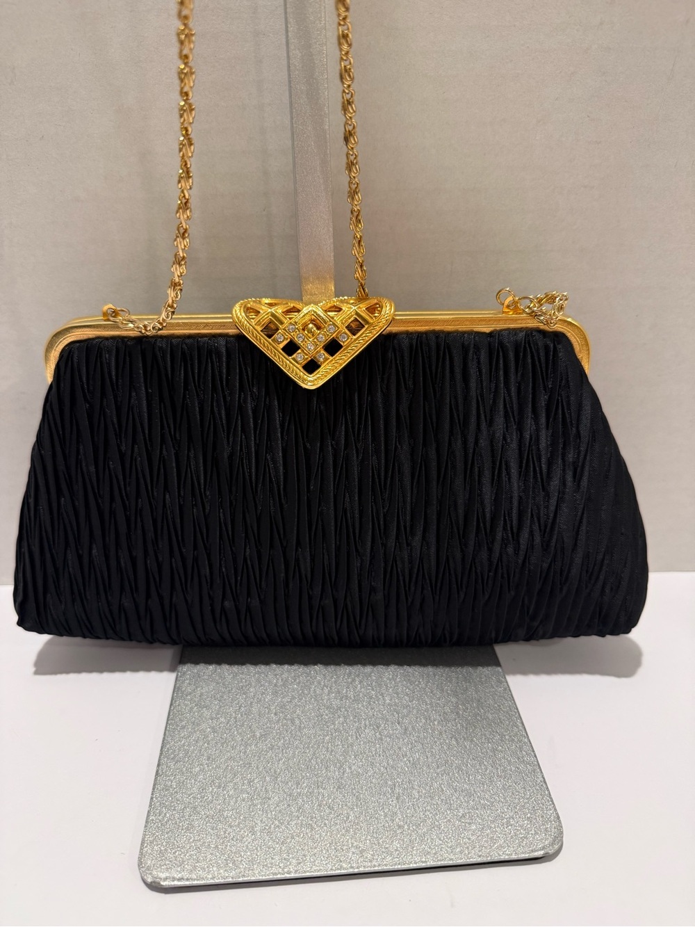 Black Satin Evening Clutch with Gold Heart and Removable Chain